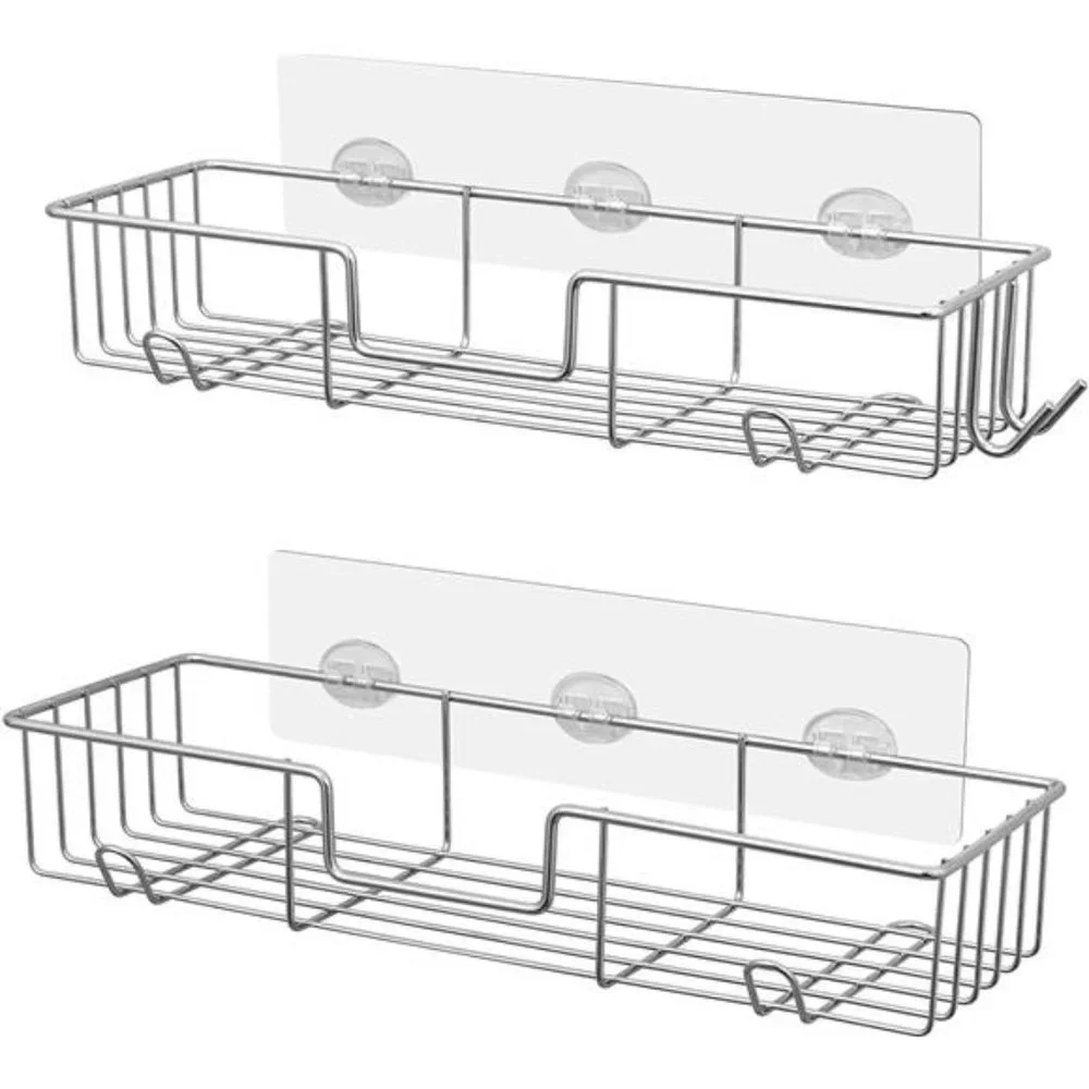 Adhesive Shower Caddy Basket Rack with Hooks, Shower Shelf Wall Mounted